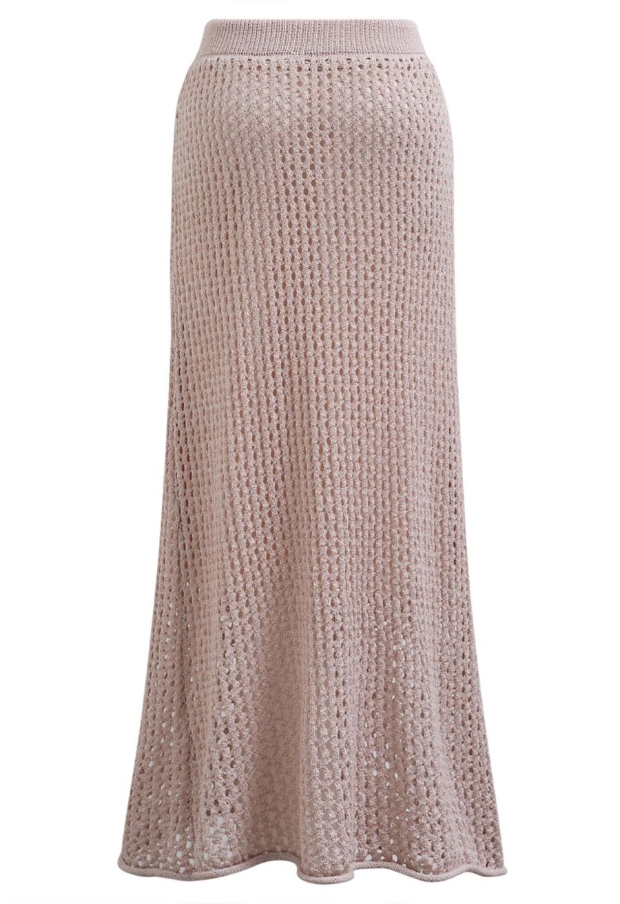 Hollow Out Rolled Hemline Drawstring Knit Maxi Skirt in Dusty Pink