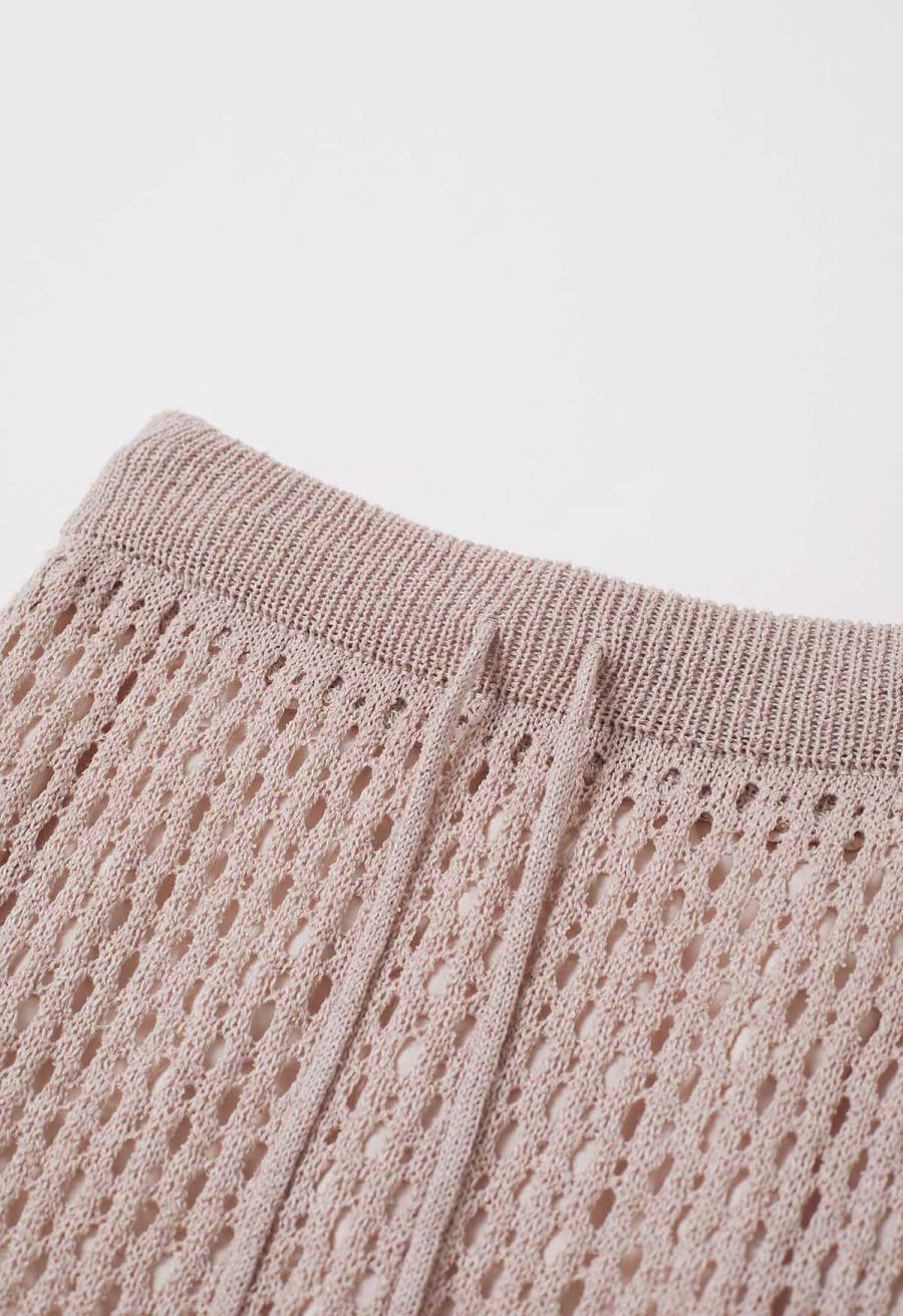 Hollow Out Rolled Hemline Drawstring Knit Maxi Skirt in Dusty Pink
