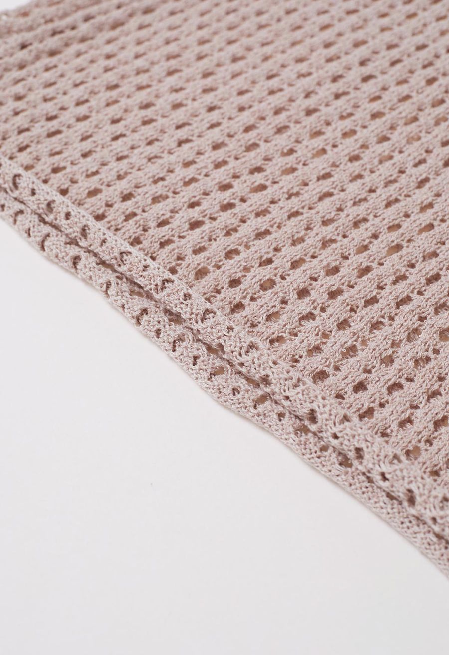 Hollow Out Rolled Hemline Drawstring Knit Maxi Skirt in Dusty Pink