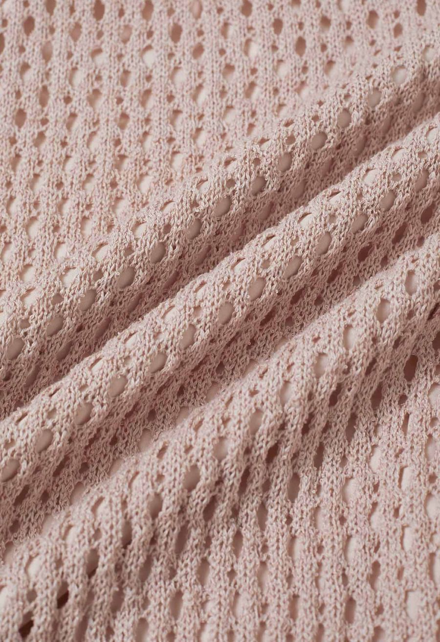 Hollow Out Rolled Hemline Drawstring Knit Maxi Skirt in Dusty Pink