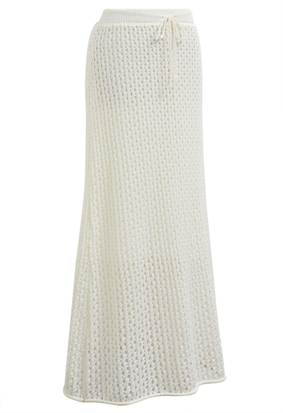Hollow Out Rolled Hemline Drawstring Knit Maxi Skirt in Ivory