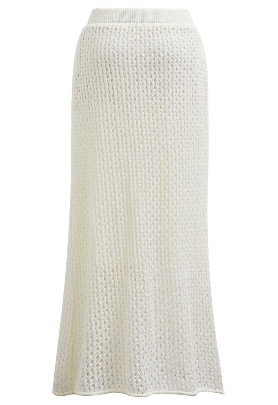 Hollow Out Rolled Hemline Drawstring Knit Maxi Skirt in Ivory