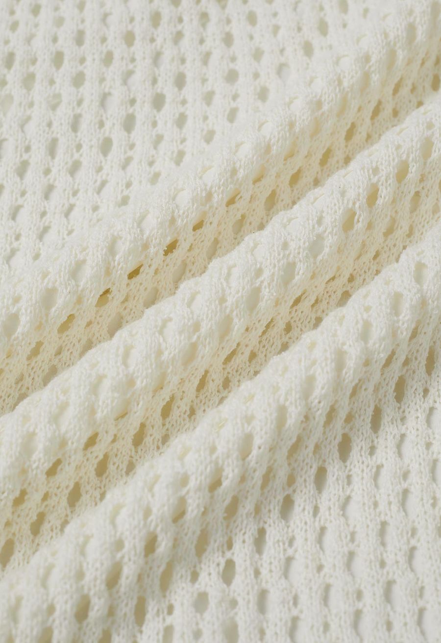 Hollow Out Rolled Hemline Drawstring Knit Maxi Skirt in Ivory