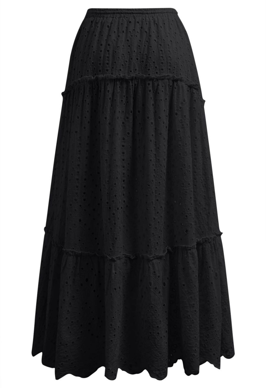 Eyelet Embroidery Tassel String Maxi Skirt in Black