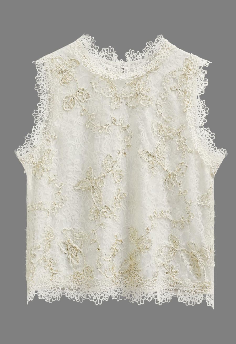 Metallic Butterfly Sequin Lace Crochet Crop Top