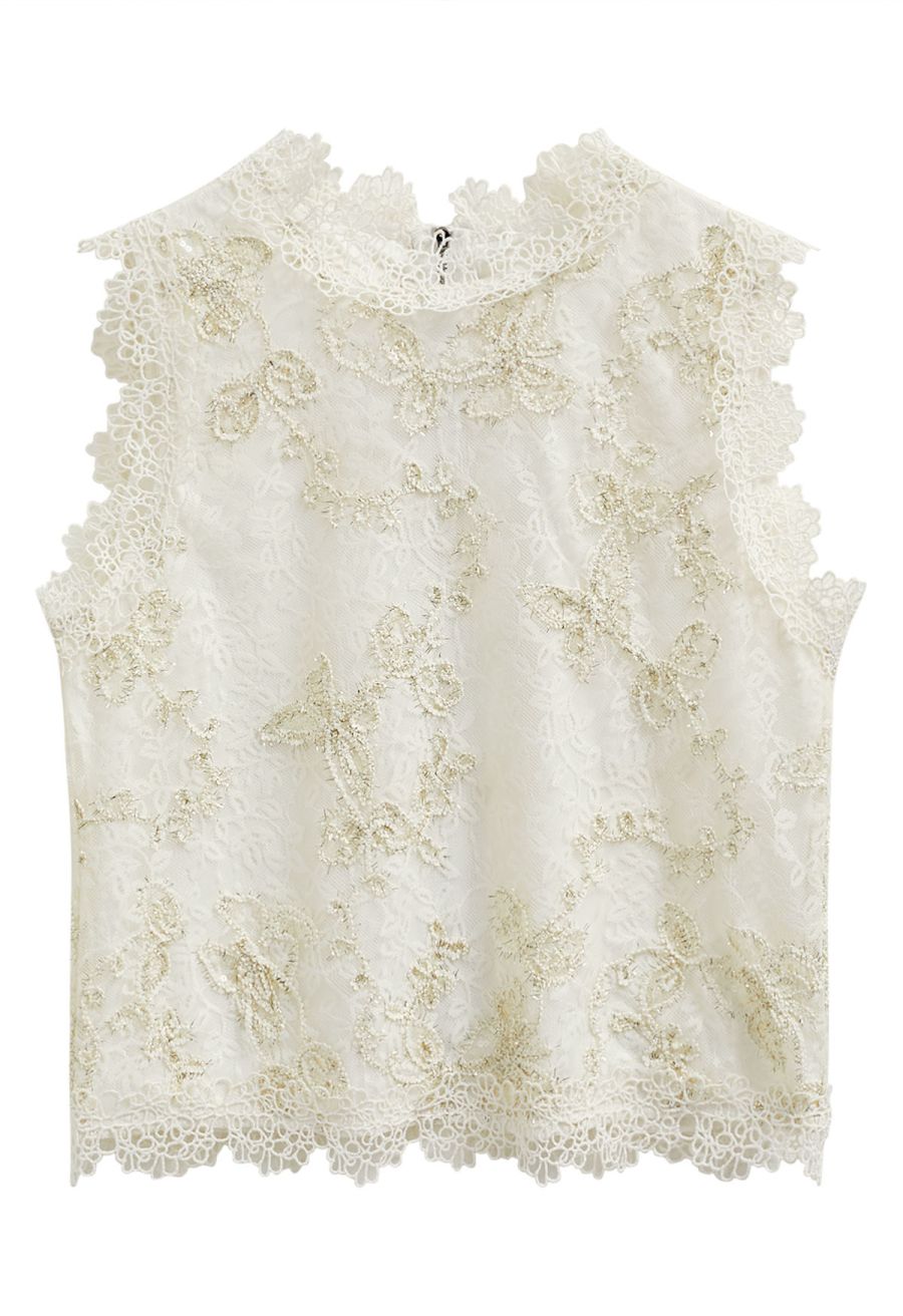 Metallic Butterfly Sequin Lace Crochet Crop Top