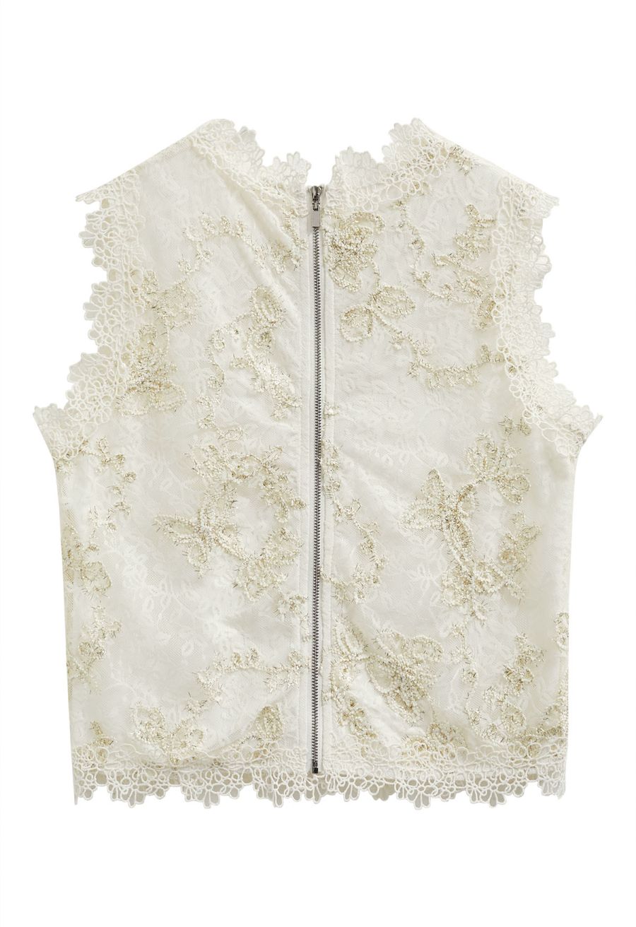 Metallic Butterfly Sequin Lace Crochet Crop Top