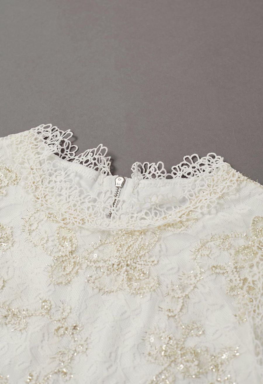 Metallic Butterfly Sequin Lace Crochet Crop Top