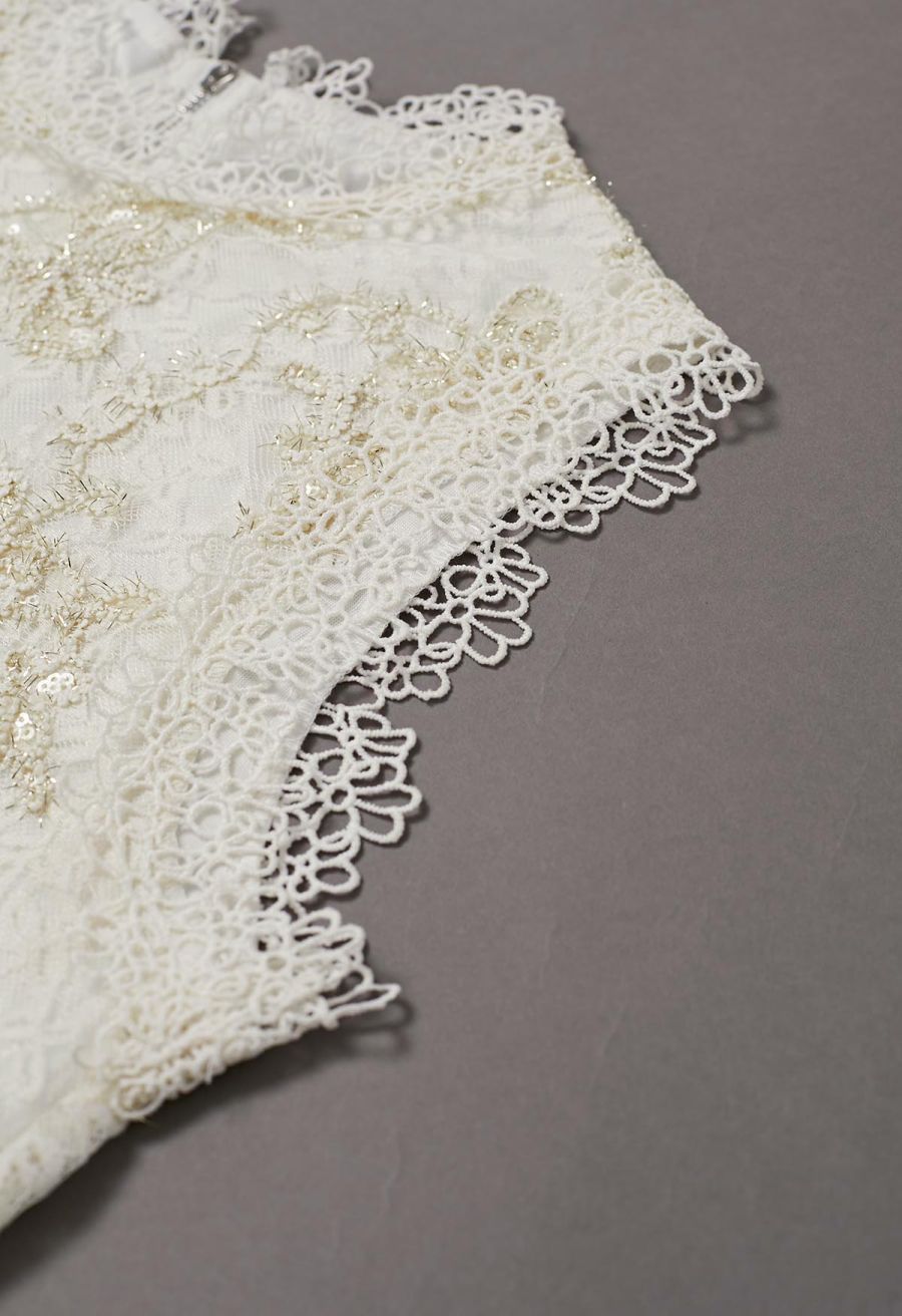 Metallic Butterfly Sequin Lace Crochet Crop Top