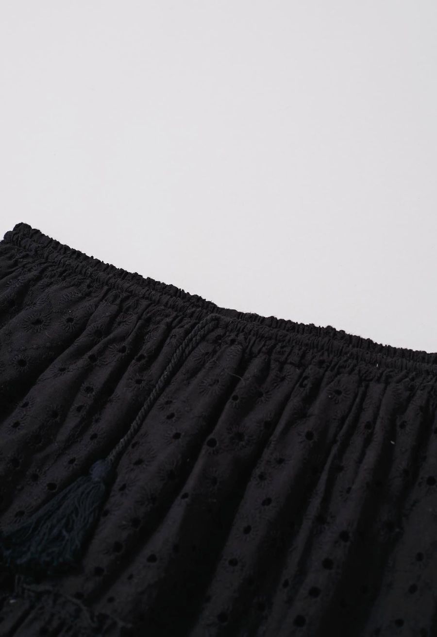 Eyelet Embroidery Tassel String Maxi Skirt in Black