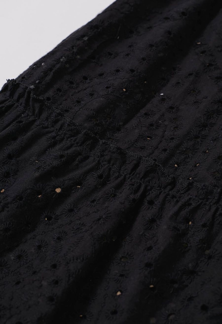 Eyelet Embroidery Tassel String Maxi Skirt in Black