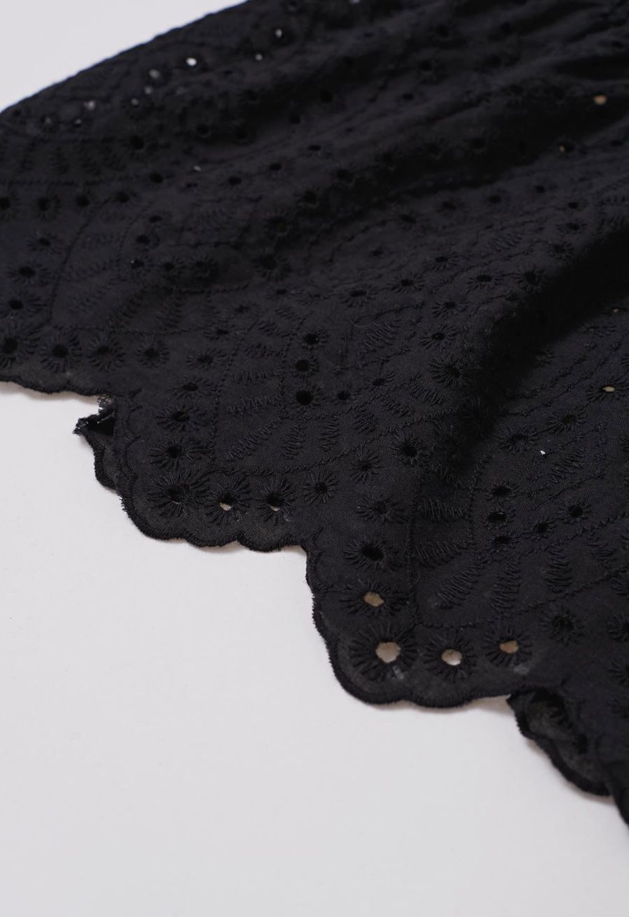 Eyelet Embroidery Tassel String Maxi Skirt in Black