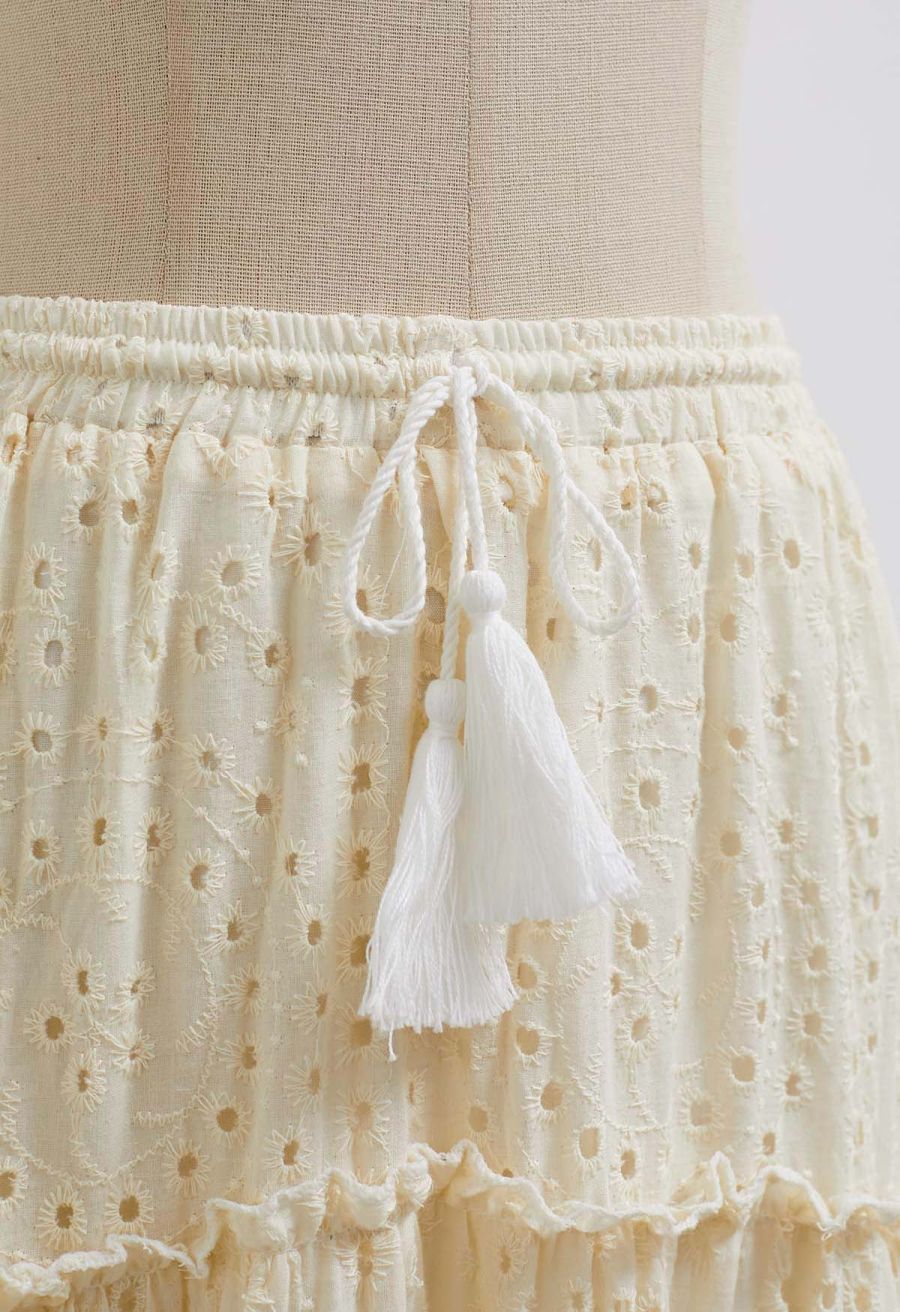 Eyelet Embroidery Tassel String Maxi Skirt in Light Yellow
