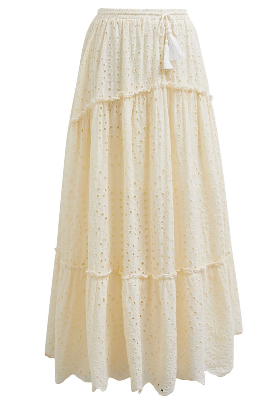 Eyelet Embroidery Tassel String Maxi Skirt in Light Yellow