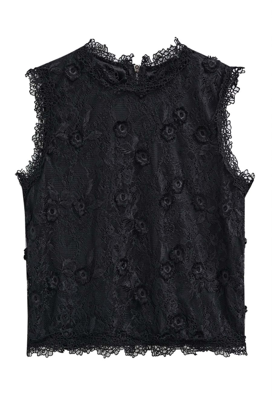 Dainty Floret Lace Crochet Crop Top in Black