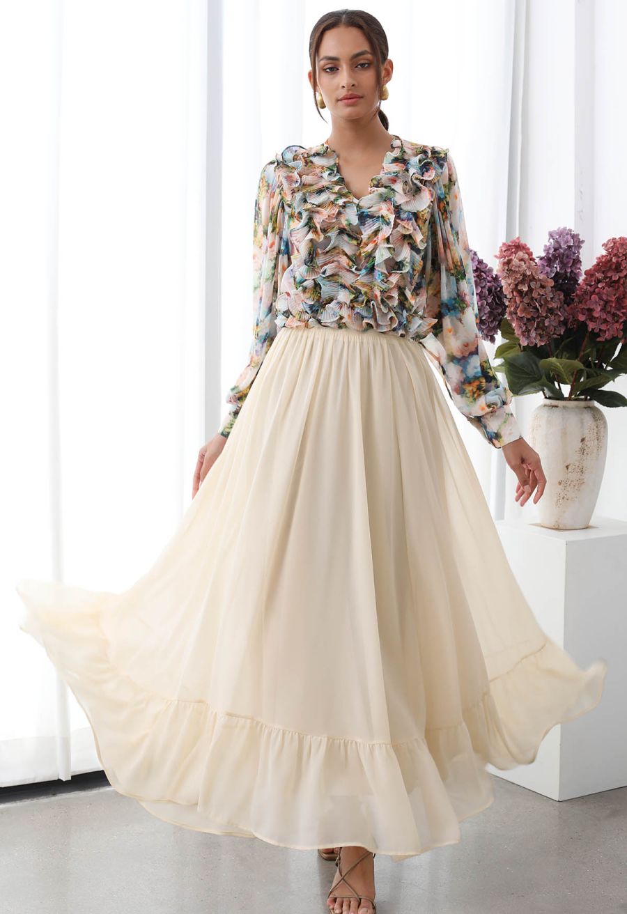 Fluttering Ruffle Floral Chiffon Crop Top in Multicolor