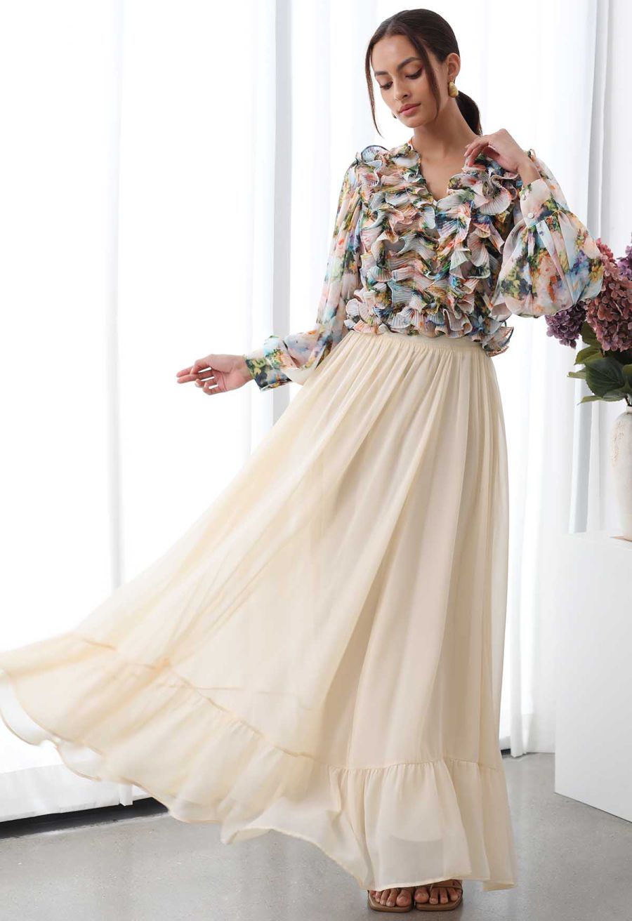 Fluttering Ruffle Floral Chiffon Crop Top in Multicolor
