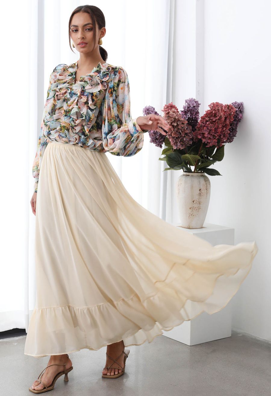 Fluttering Ruffle Floral Chiffon Crop Top in Multicolor