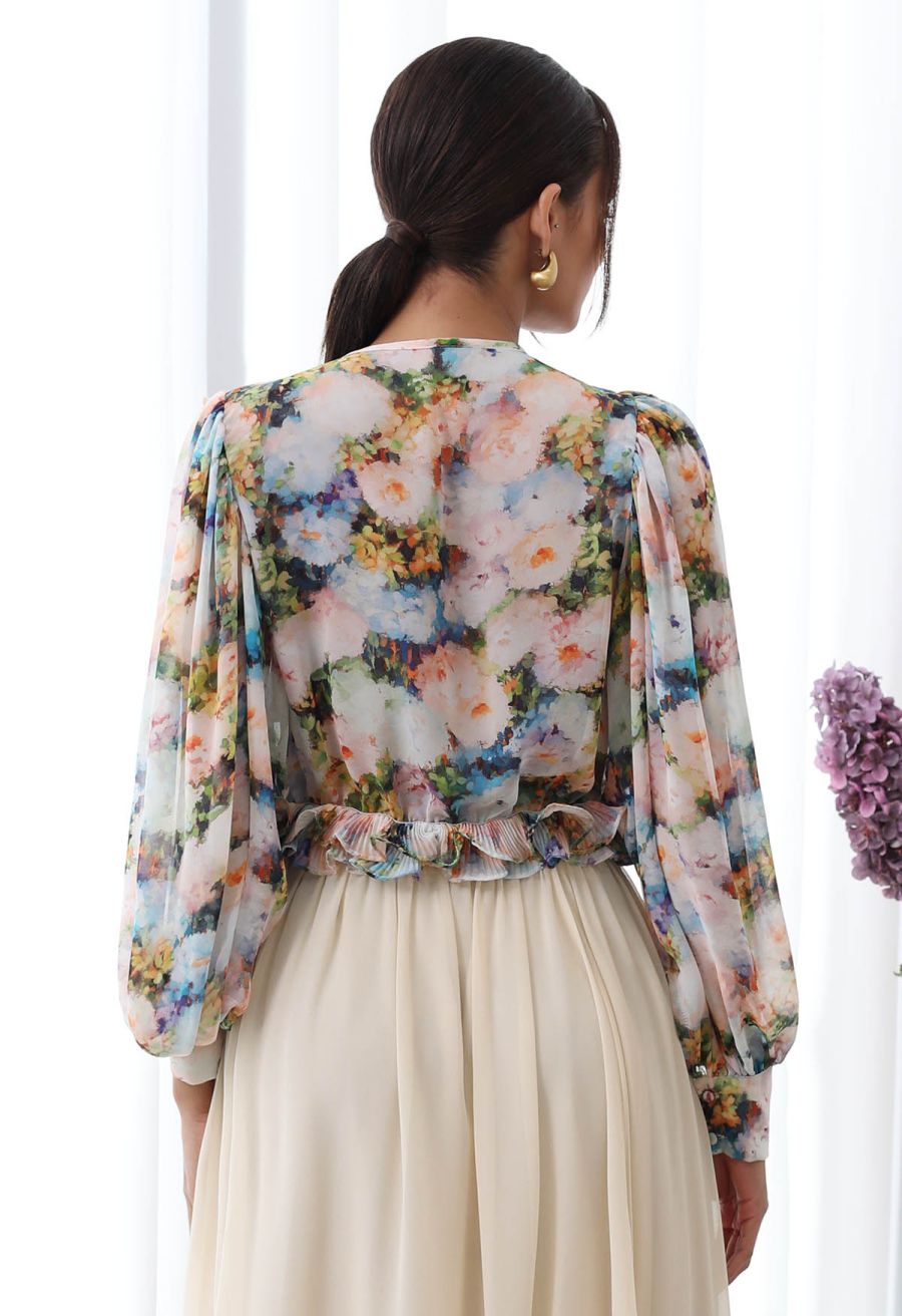 Fluttering Ruffle Floral Chiffon Crop Top in Multicolor