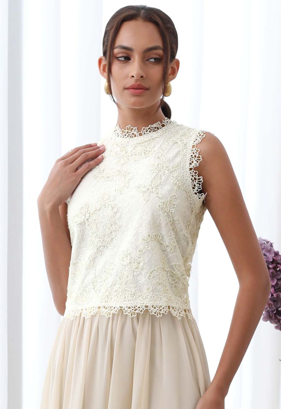 Metallic Butterfly Sequin Lace Crochet Crop Top