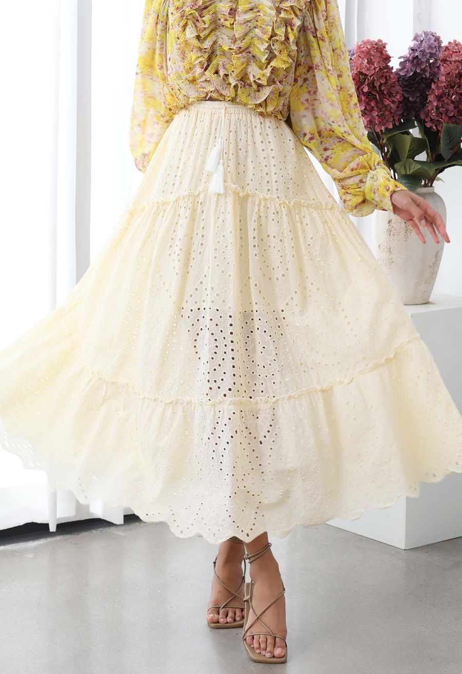 Eyelet Embroidery Tassel String Maxi Skirt in Light Yellow