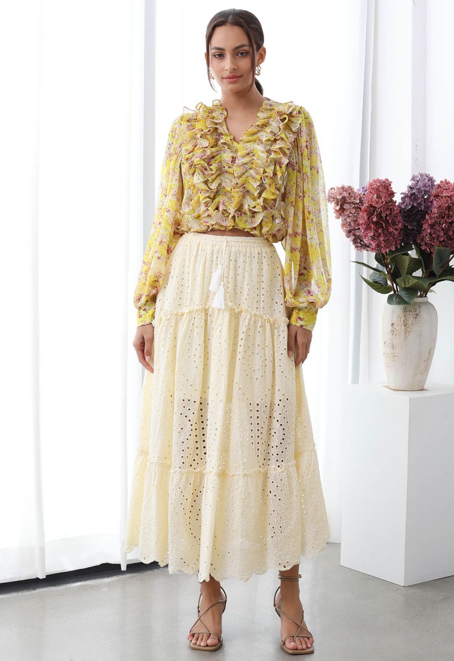 Eyelet Embroidery Tassel String Maxi Skirt in Light Yellow