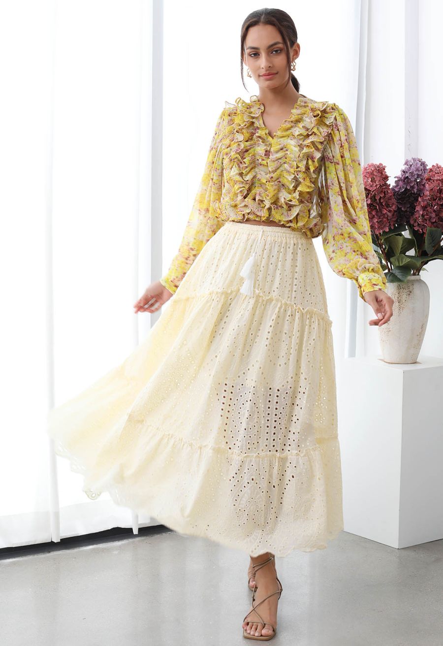 Eyelet Embroidery Tassel String Maxi Skirt in Light Yellow