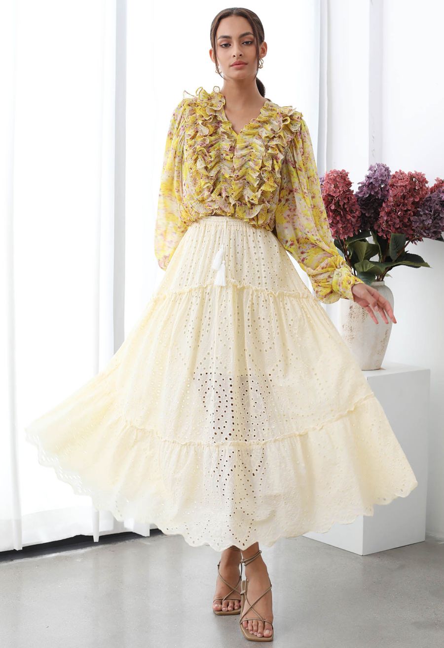 Eyelet Embroidery Tassel String Maxi Skirt in Light Yellow