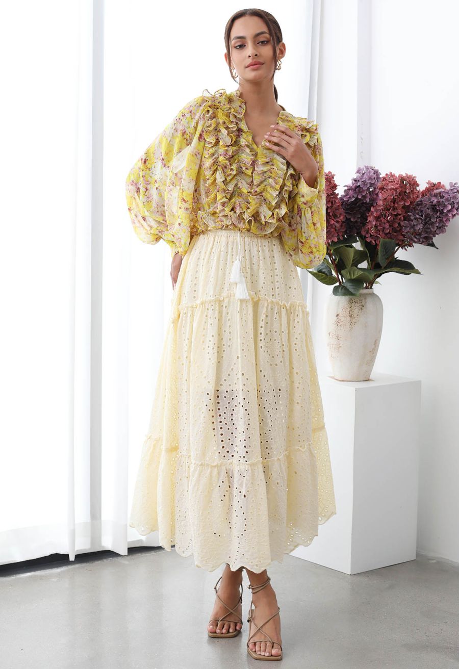 Eyelet Embroidery Tassel String Maxi Skirt in Light Yellow