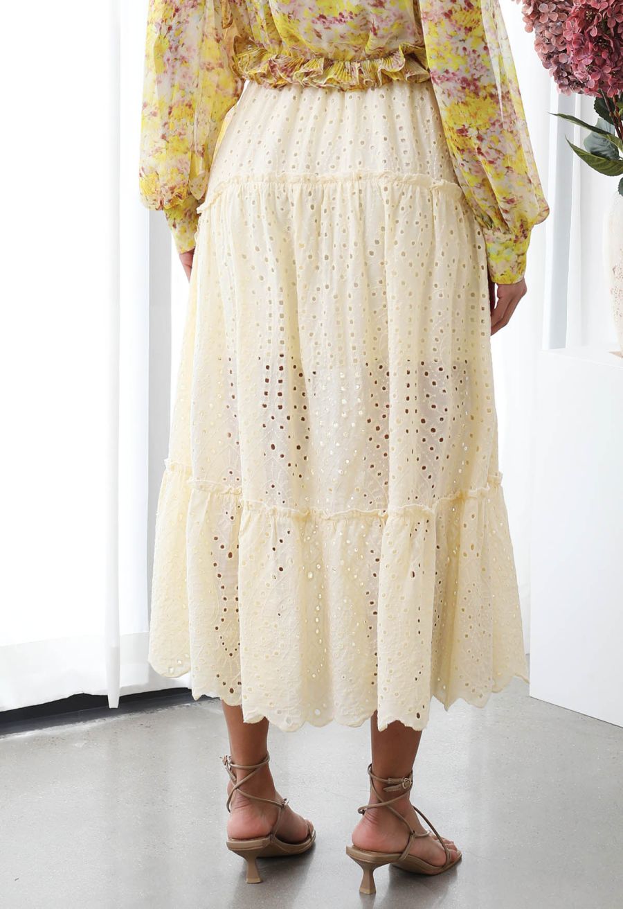 Eyelet Embroidery Tassel String Maxi Skirt in Light Yellow