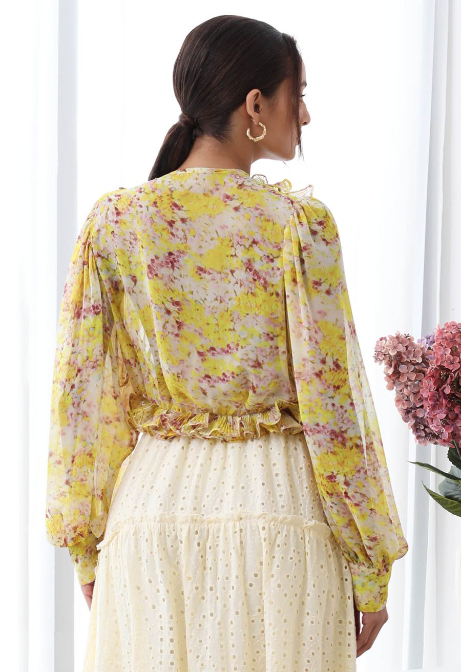 Fluttering Ruffle Floral Chiffon Crop Top in Yellow