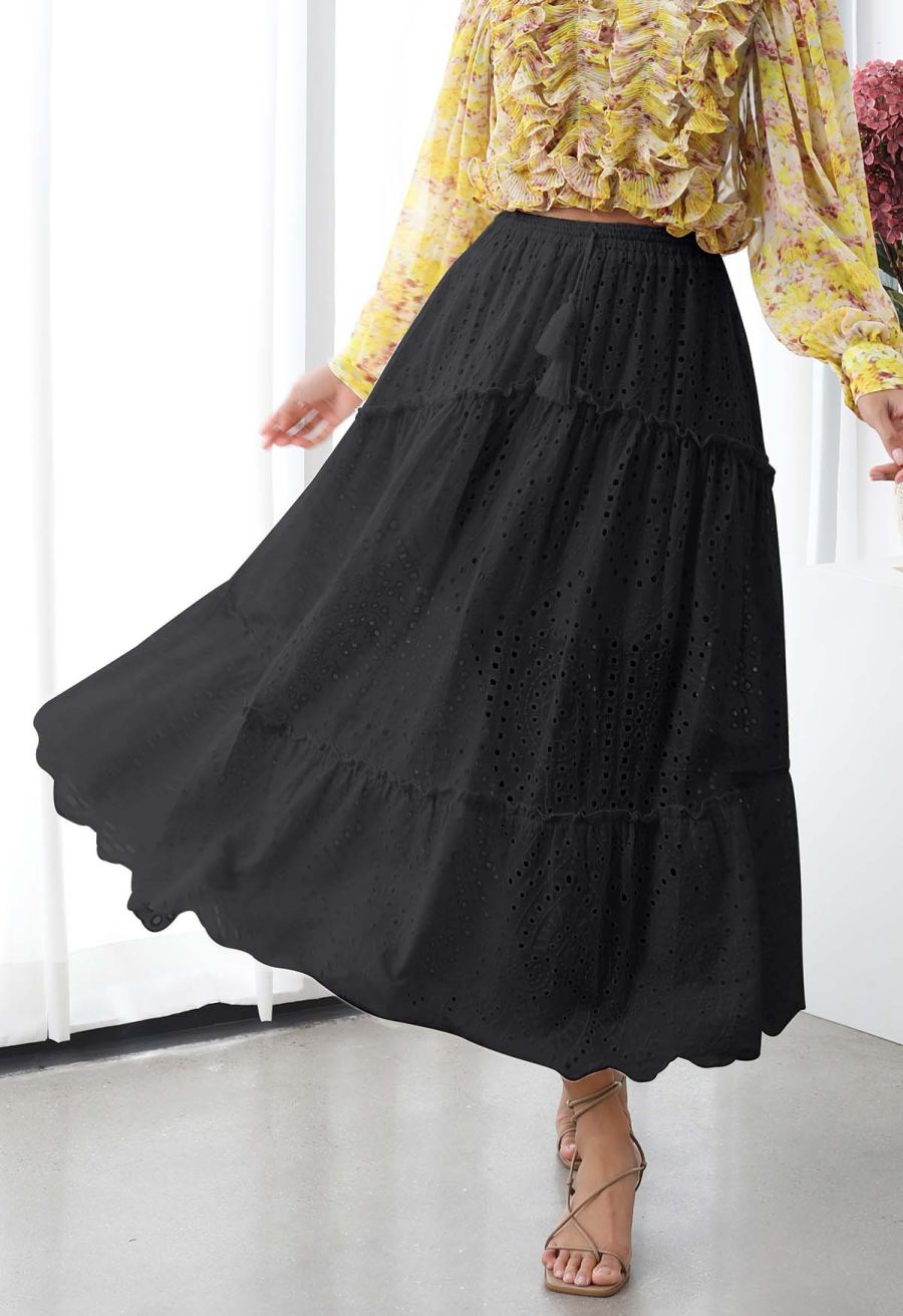 Eyelet Embroidery Tassel String Maxi Skirt in Black