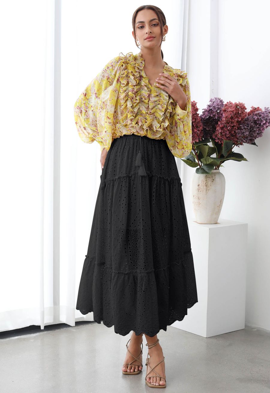 Eyelet Embroidery Tassel String Maxi Skirt in Black