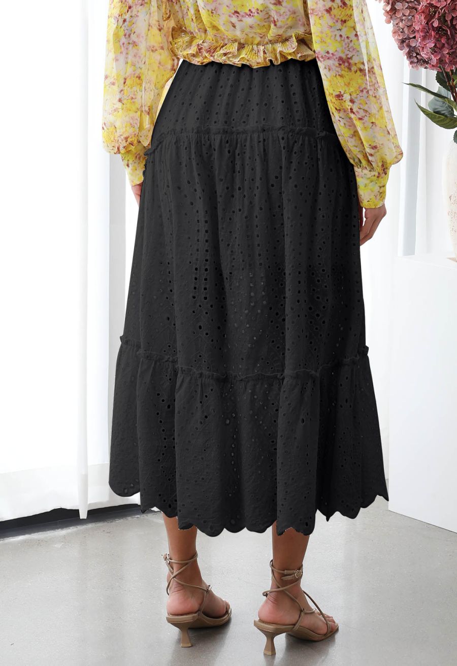 Eyelet Embroidery Tassel String Maxi Skirt in Black