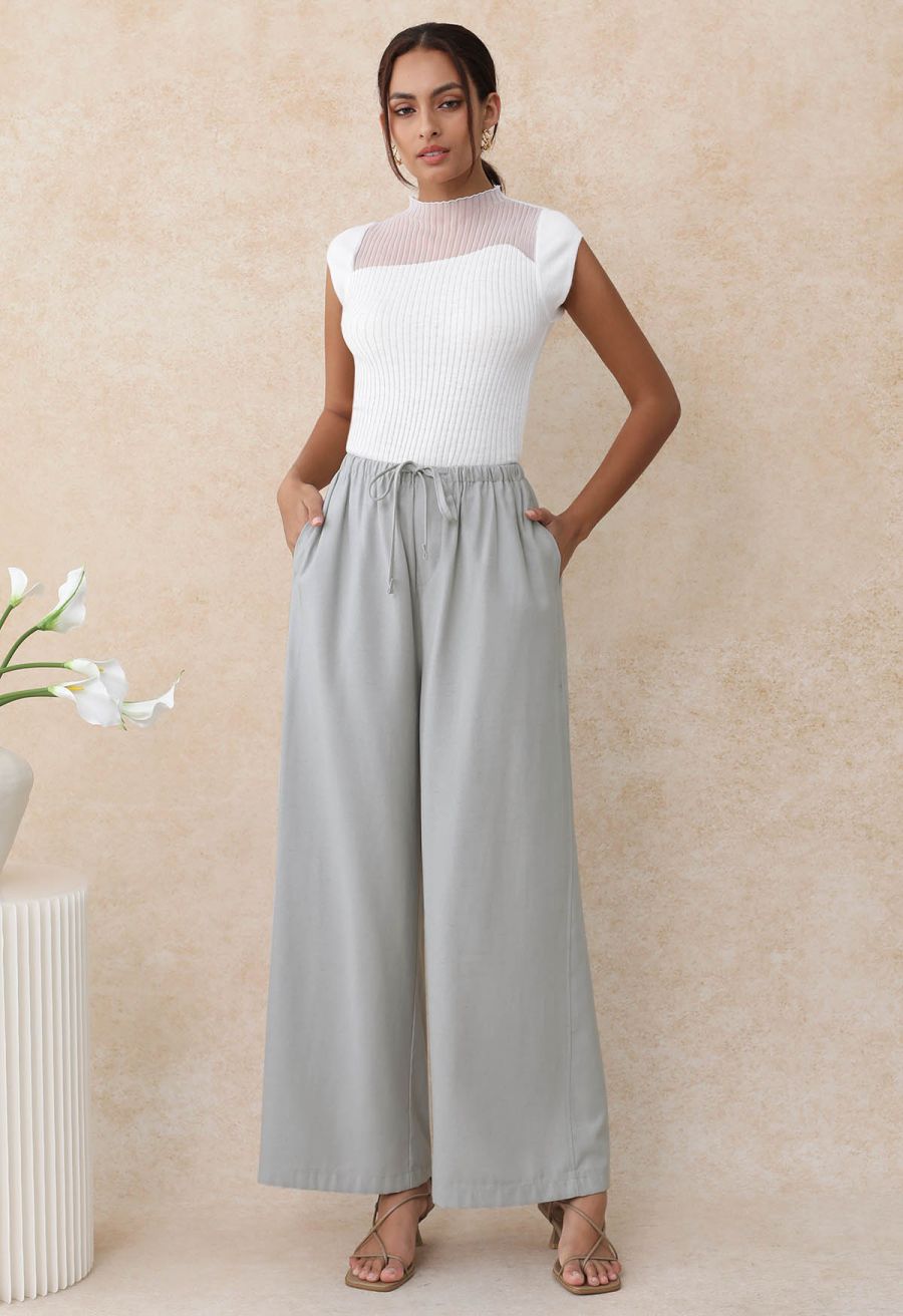 Mock Neck Asymmetric Mesh Spliced Ribbed Knit Top in White
