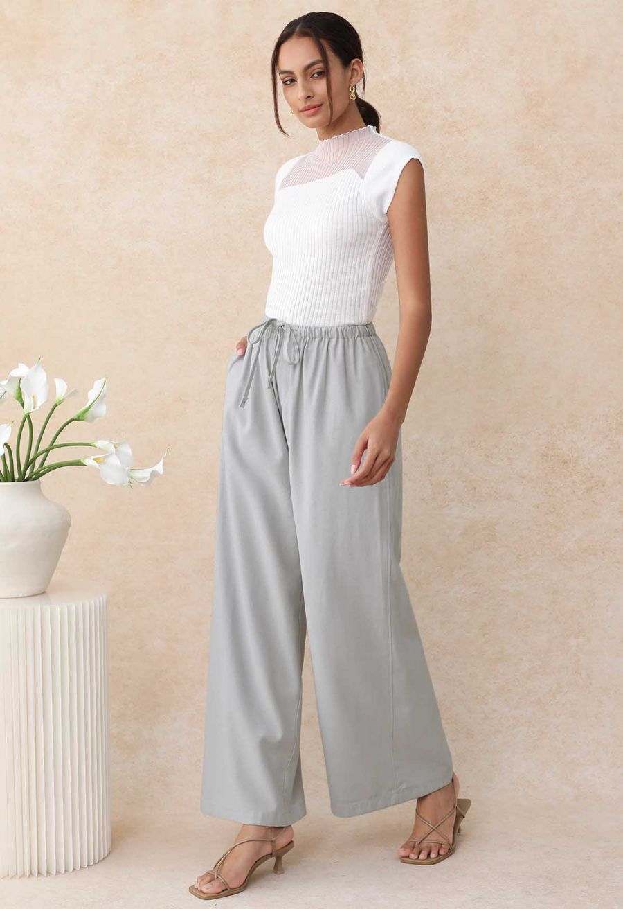 Mock Neck Asymmetric Mesh Spliced Ribbed Knit Top in White