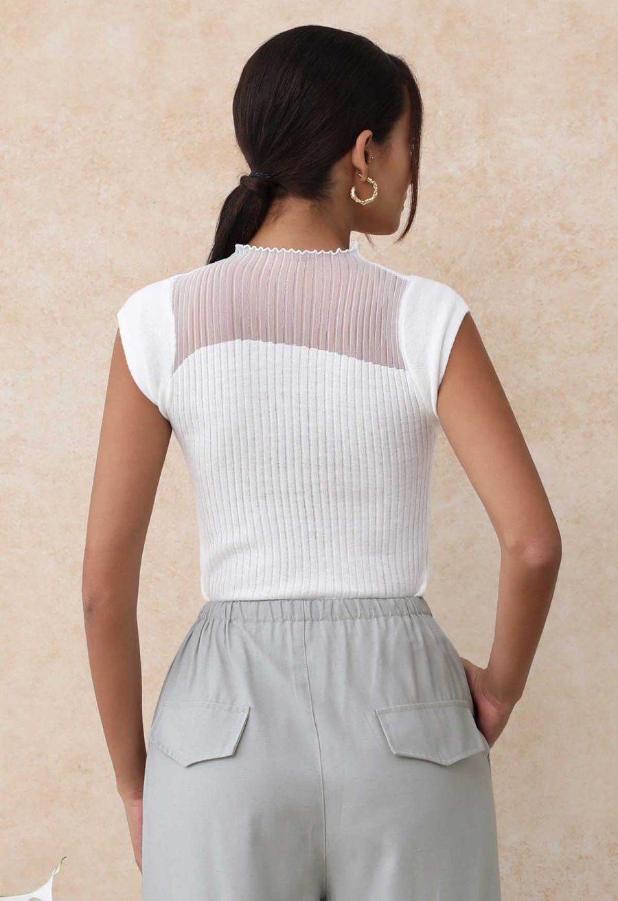 Mock Neck Asymmetric Mesh Spliced Ribbed Knit Top in White
