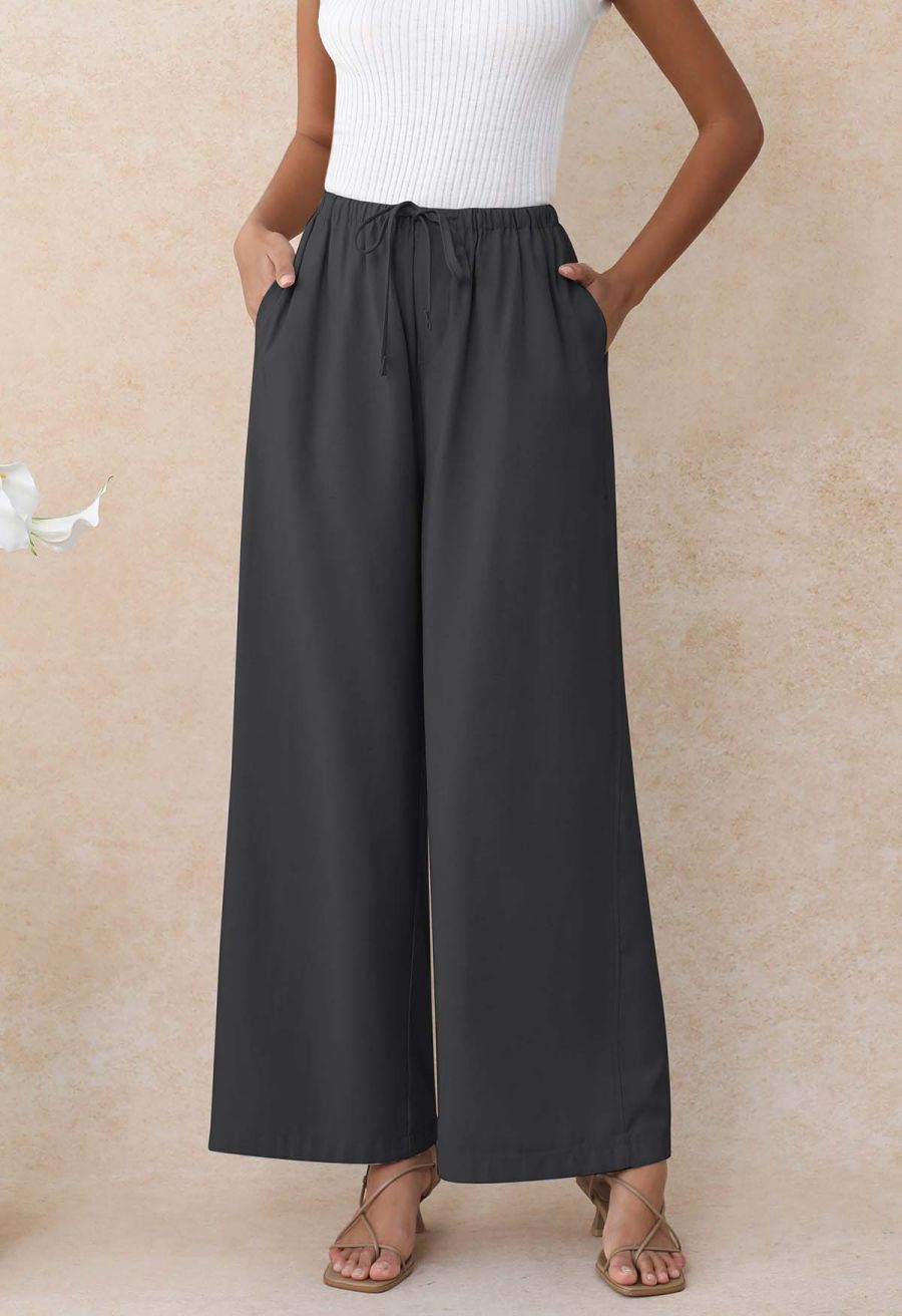 Simplicity Drawstring Straight-Leg Cotton Pants in Smoke