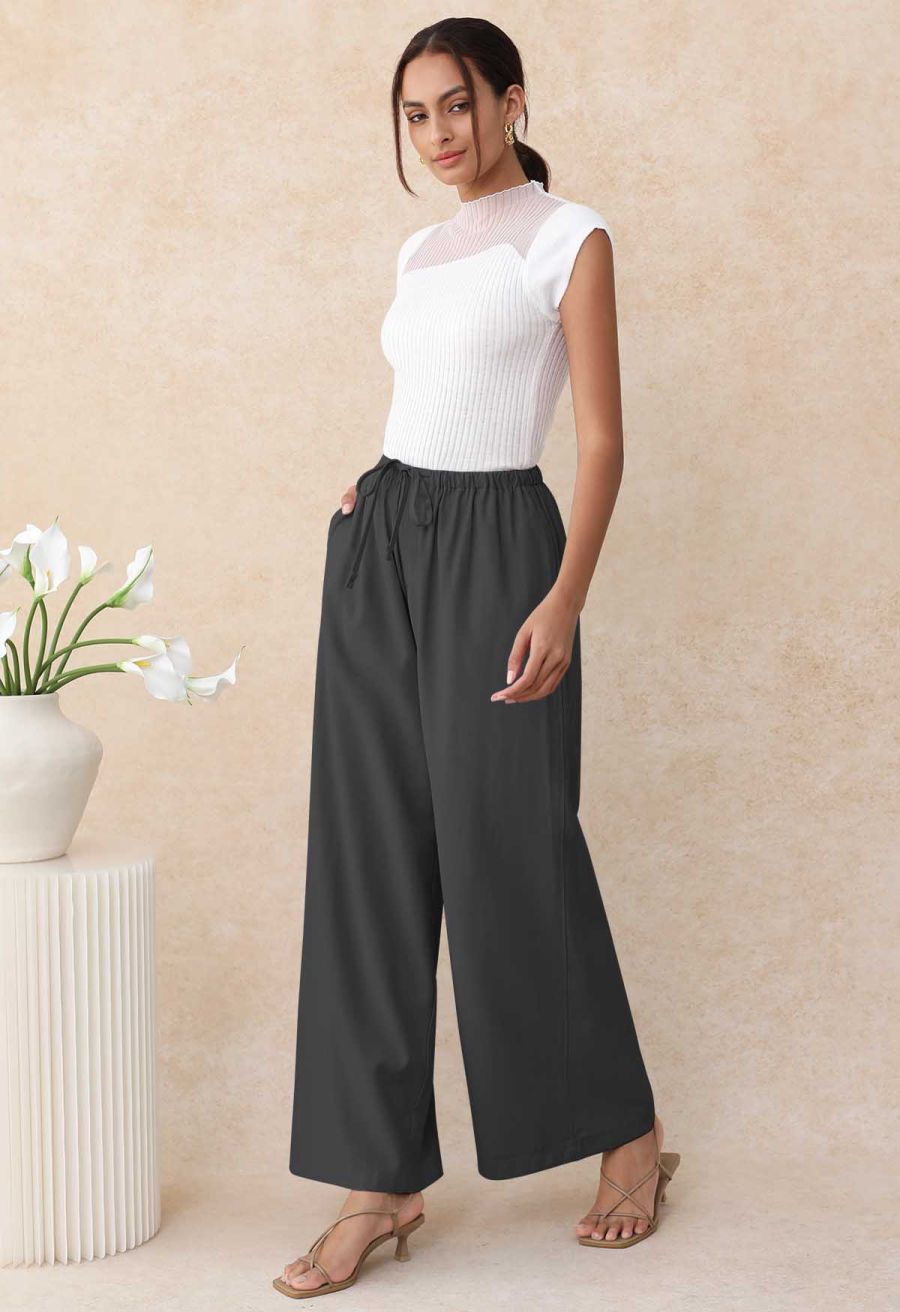 Simplicity Drawstring Straight-Leg Cotton Pants in Smoke