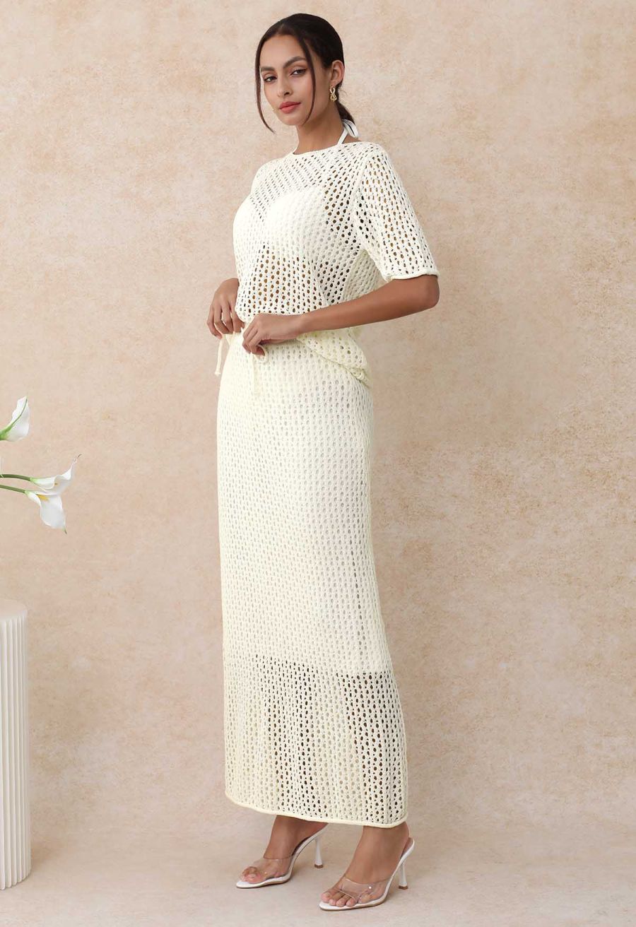 Hollow Out Rolled Hemline Drawstring Knit Maxi Skirt in Ivory
