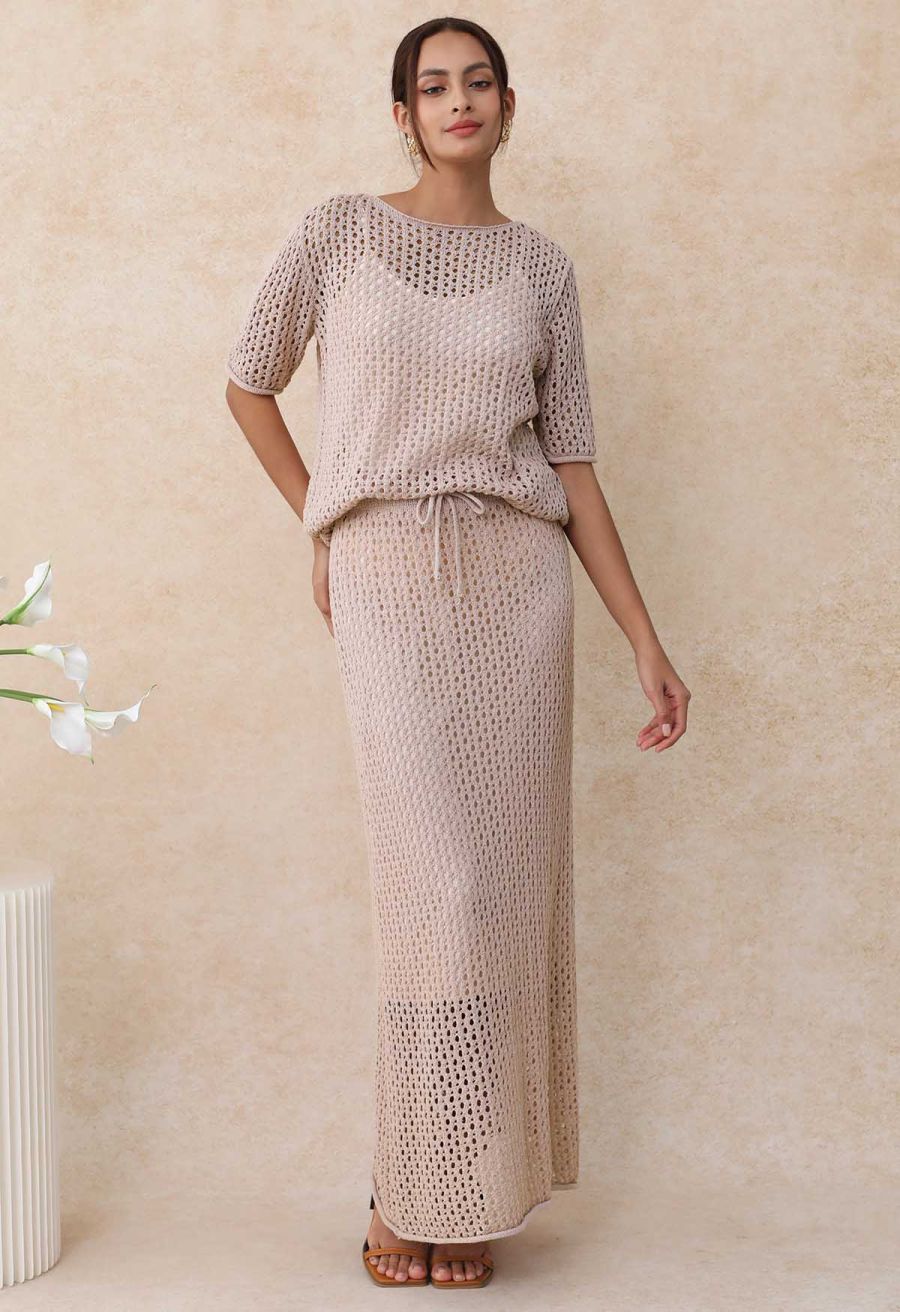 Hollow Out Rolled Hemline Drawstring Knit Maxi Skirt in Dusty Pink