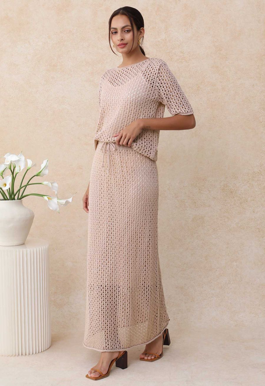 Hollow Out Rolled Hemline Drawstring Knit Maxi Skirt in Dusty Pink