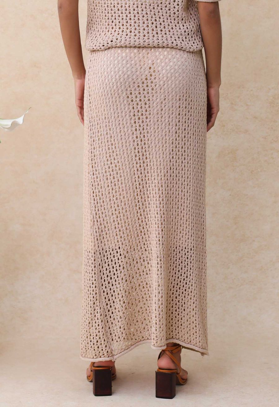 Hollow Out Rolled Hemline Drawstring Knit Maxi Skirt in Dusty Pink