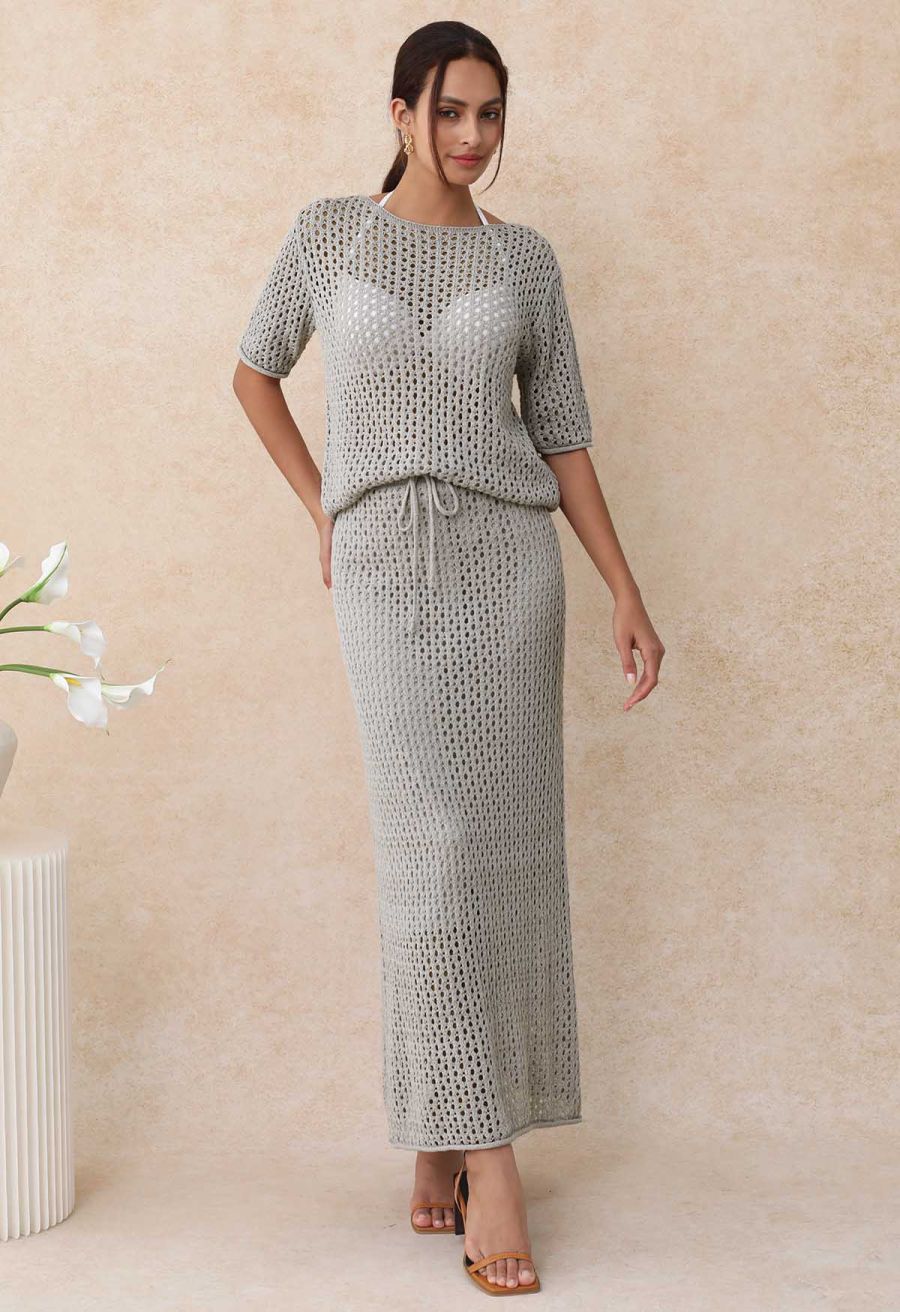 Hollow Out Rolled Hemline Drawstring Knit Maxi Skirt in Grey