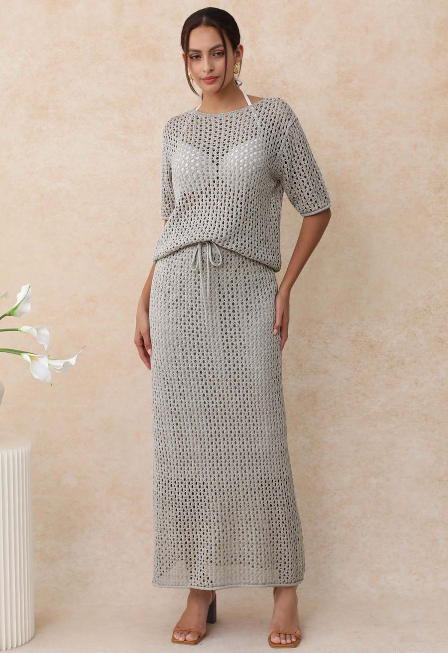 Hollow Out Rolled Hemline Drawstring Knit Maxi Skirt in Grey