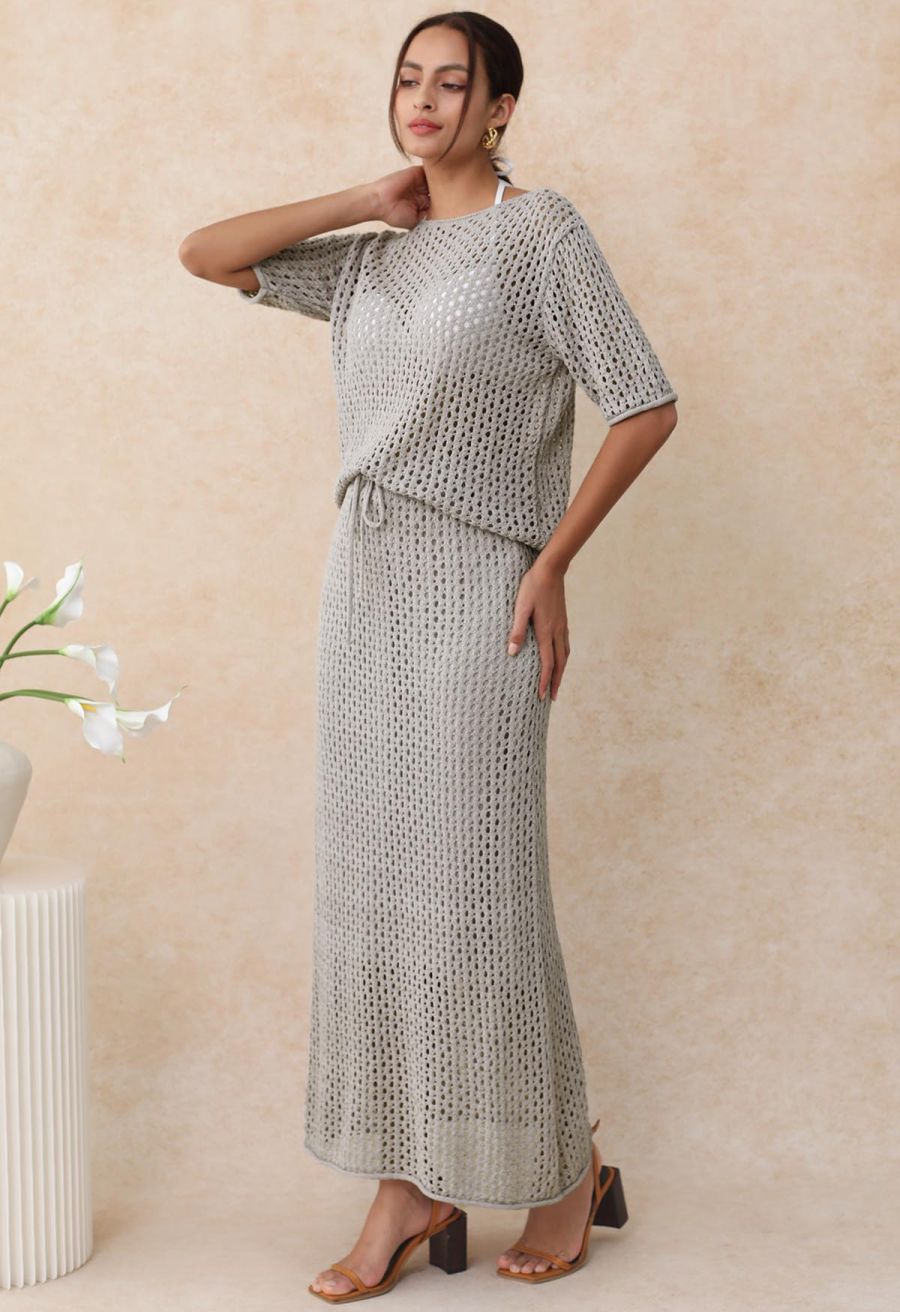 Hollow Out Rolled Hemline Drawstring Knit Maxi Skirt in Grey