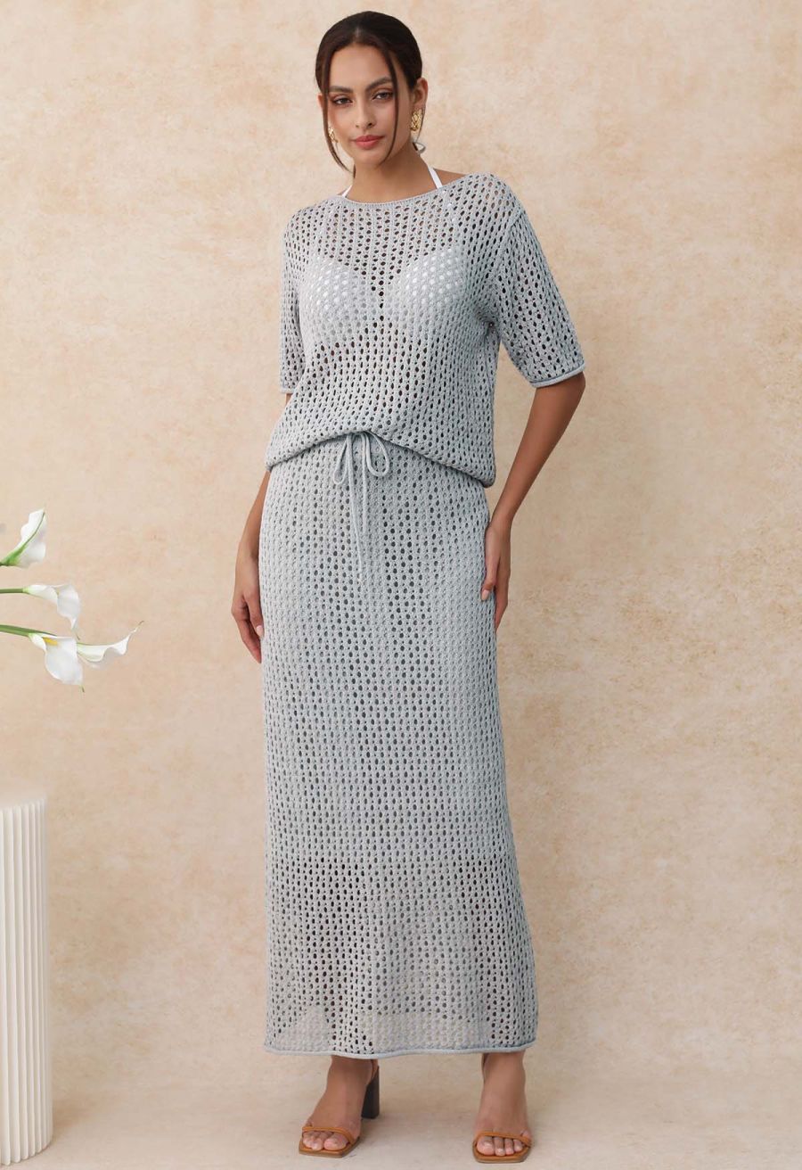 Hollow Out Rolled Hemline Drawstring Knit Maxi Skirt in Light Blue