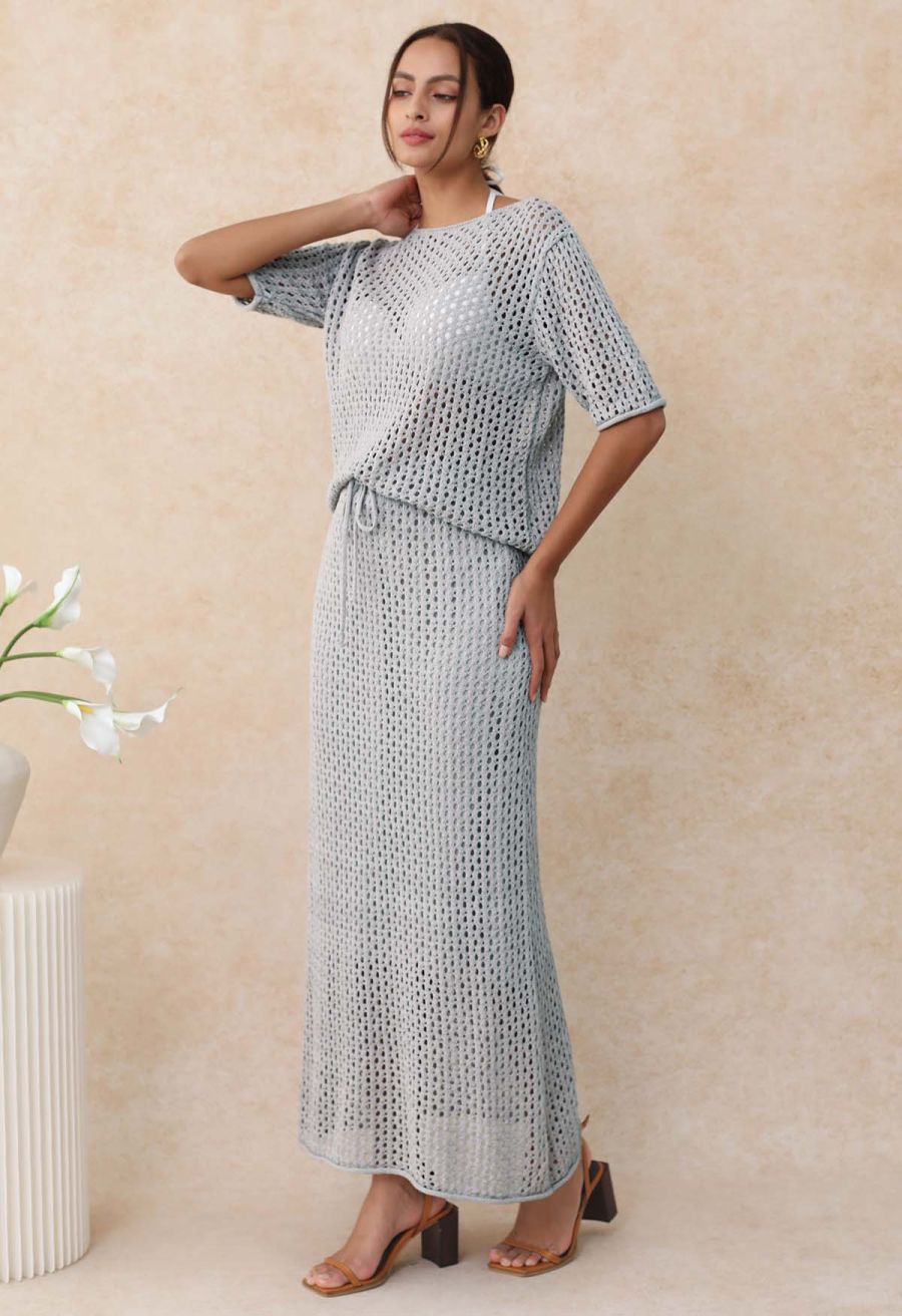 Hollow Out Rolled Hemline Drawstring Knit Maxi Skirt in Light Blue