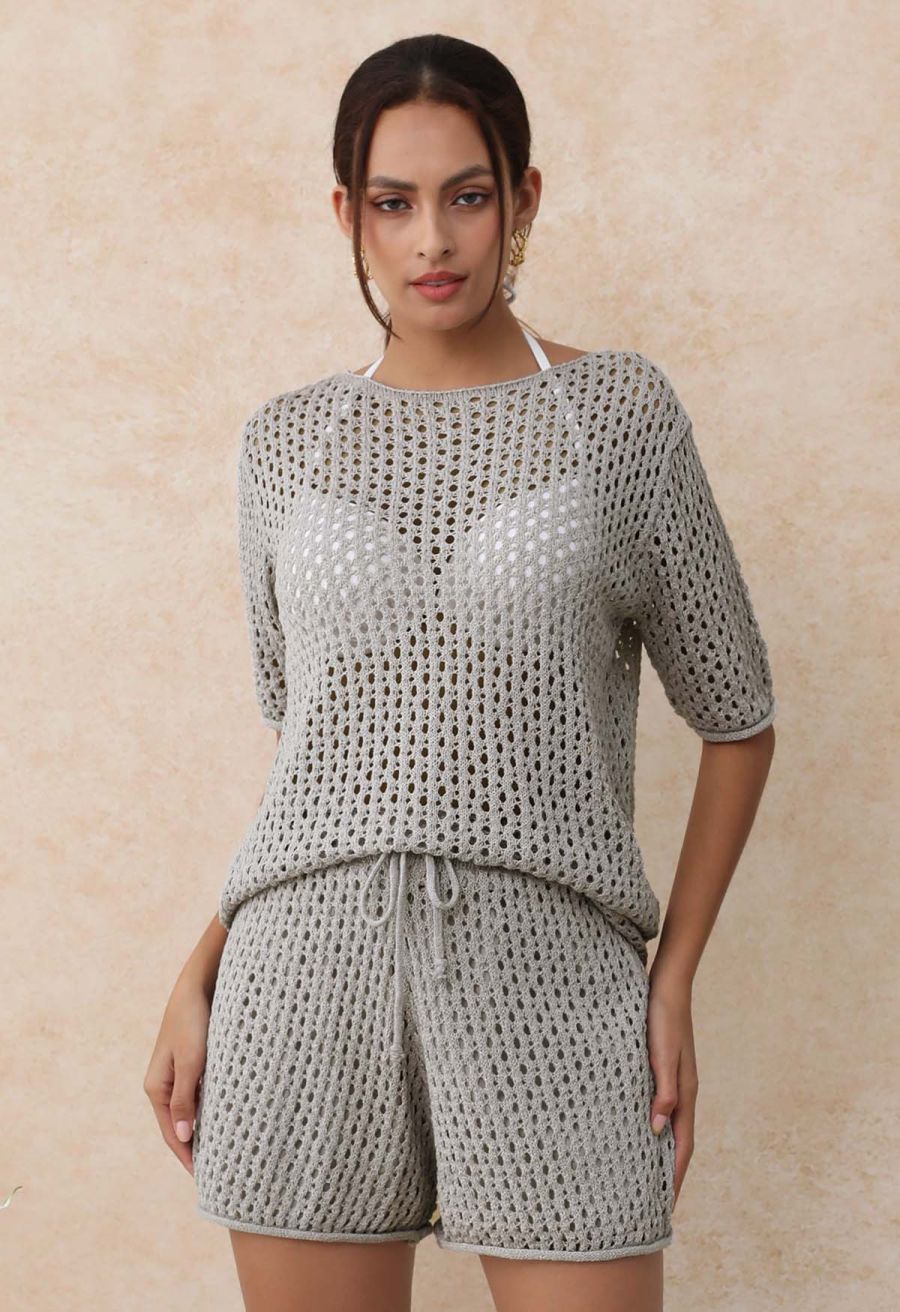 Hollow Out Rolled Edge Knit Top in Grey