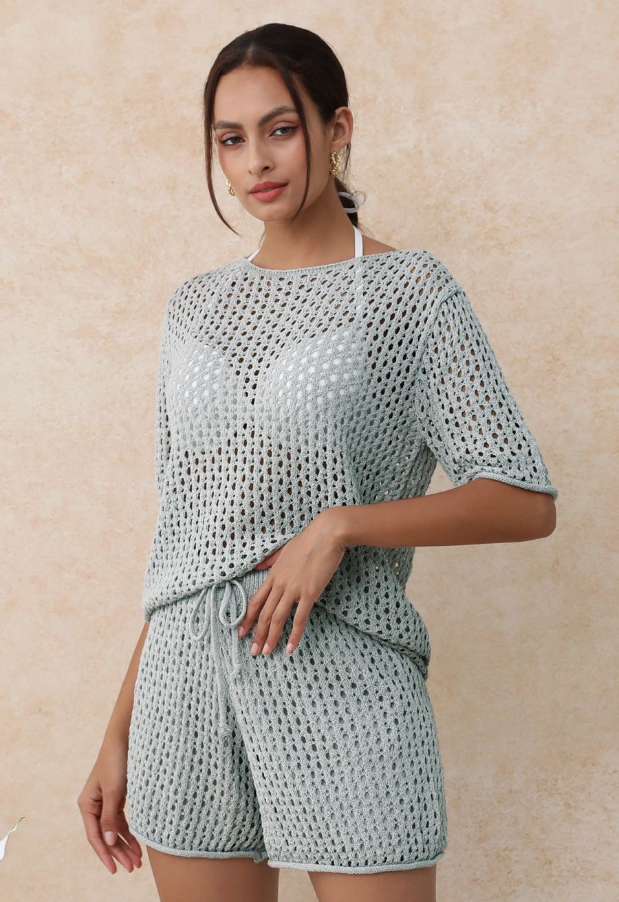 Hollow Out Rolled Edge Knit Top in Light Blue